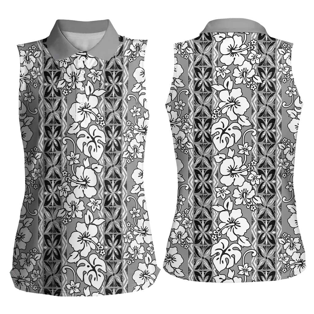 Hawaii Vintage Gray Hibiscus Tapa Pattern Women Sleeveless Polo Shirt
