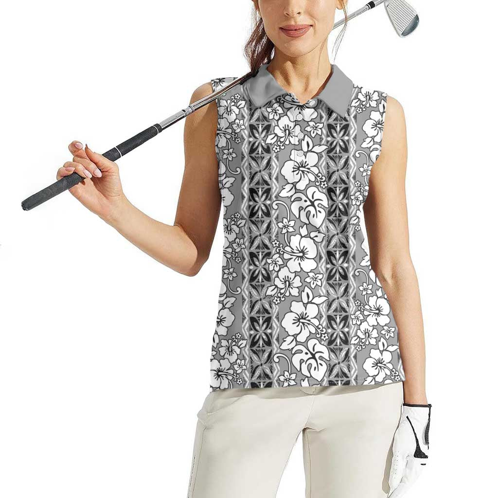 Hawaii Vintage Gray Hibiscus Tapa Pattern Women Sleeveless Polo Shirt