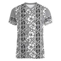 Hawaii Vintage Gray Hibiscus Tapa Pattern Women V-Neck T-Shirt