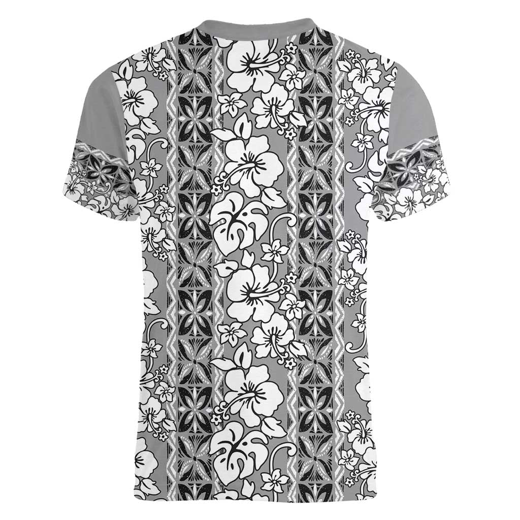 Hawaii Vintage Gray Hibiscus Tapa Pattern Women V-Neck T-Shirt