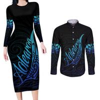 Aotearoa New Zealand Couples Matching Long Sleeve Bodycon Dress and Long Sleeve Button Shirt Koru Fern Blue Gradient