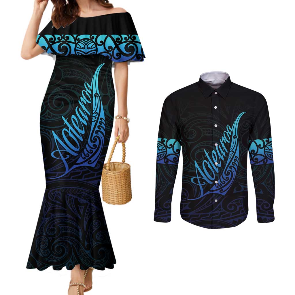 Aotearoa New Zealand Couples Matching Mermaid Dress and Long Sleeve Button Shirt Koru Fern Blue Gradient