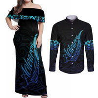 Aotearoa New Zealand Couples Matching Off Shoulder Maxi Dress and Long Sleeve Button Shirt Koru Fern Blue Gradient