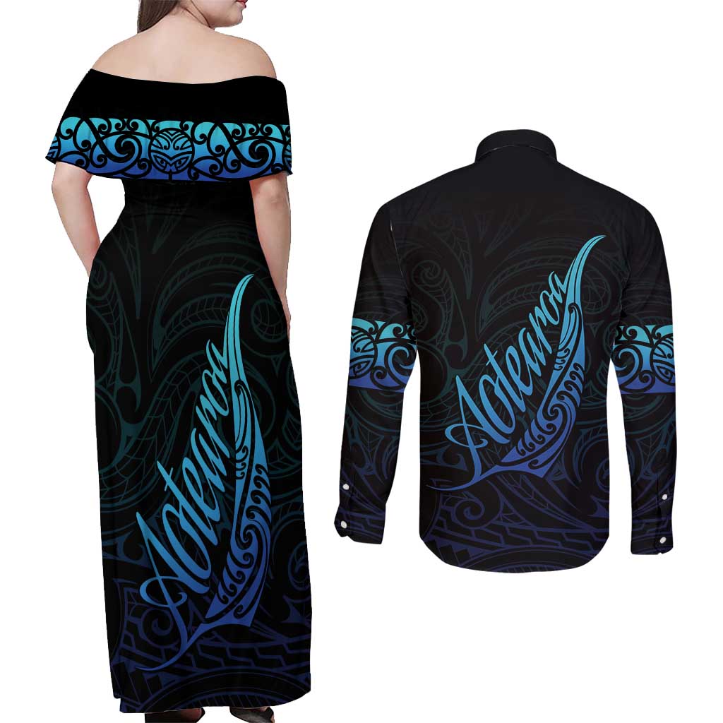 Aotearoa New Zealand Couples Matching Off Shoulder Maxi Dress and Long Sleeve Button Shirt Koru Fern Blue Gradient