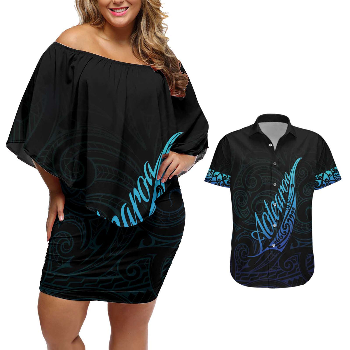 Aotearoa New Zealand Couples Matching Off Shoulder Short Dress and Hawaiian Shirt Koru Fern Blue Gradient
