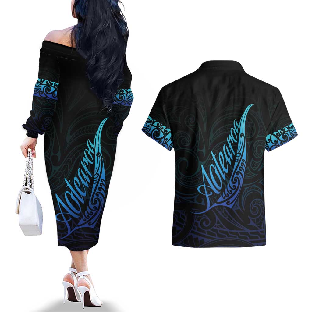 Aotearoa New Zealand Couples Matching Off The Shoulder Long Sleeve Dress and Hawaiian Shirt Koru Fern Blue Gradient