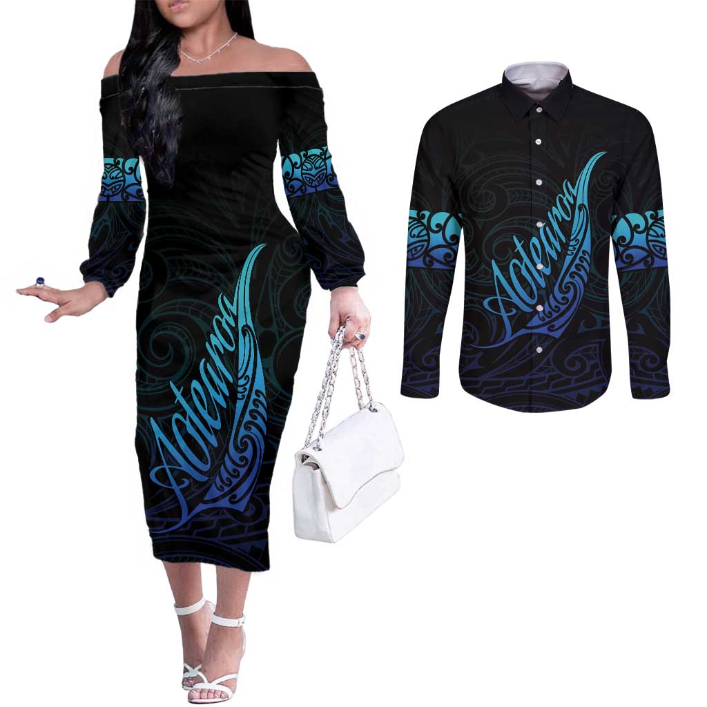 Aotearoa New Zealand Couples Matching Off The Shoulder Long Sleeve Dress and Long Sleeve Button Shirt Koru Fern Blue Gradient