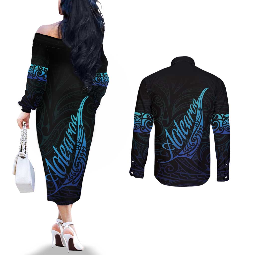 Aotearoa New Zealand Couples Matching Off The Shoulder Long Sleeve Dress and Long Sleeve Button Shirt Koru Fern Blue Gradient