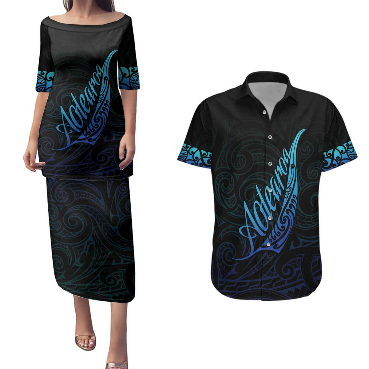 Aotearoa New Zealand Couples Matching Puletasi and Hawaiian Shirt Koru Fern Blue Gradient