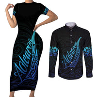 Aotearoa New Zealand Couples Matching Short Sleeve Bodycon Dress and Long Sleeve Button Shirt Koru Fern Blue Gradient