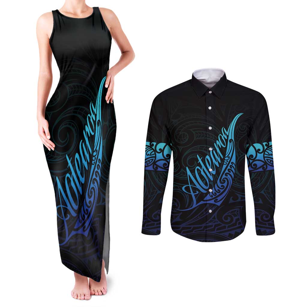 Aotearoa New Zealand Couples Matching Tank Maxi Dress and Long Sleeve Button Shirt Koru Fern Blue Gradient