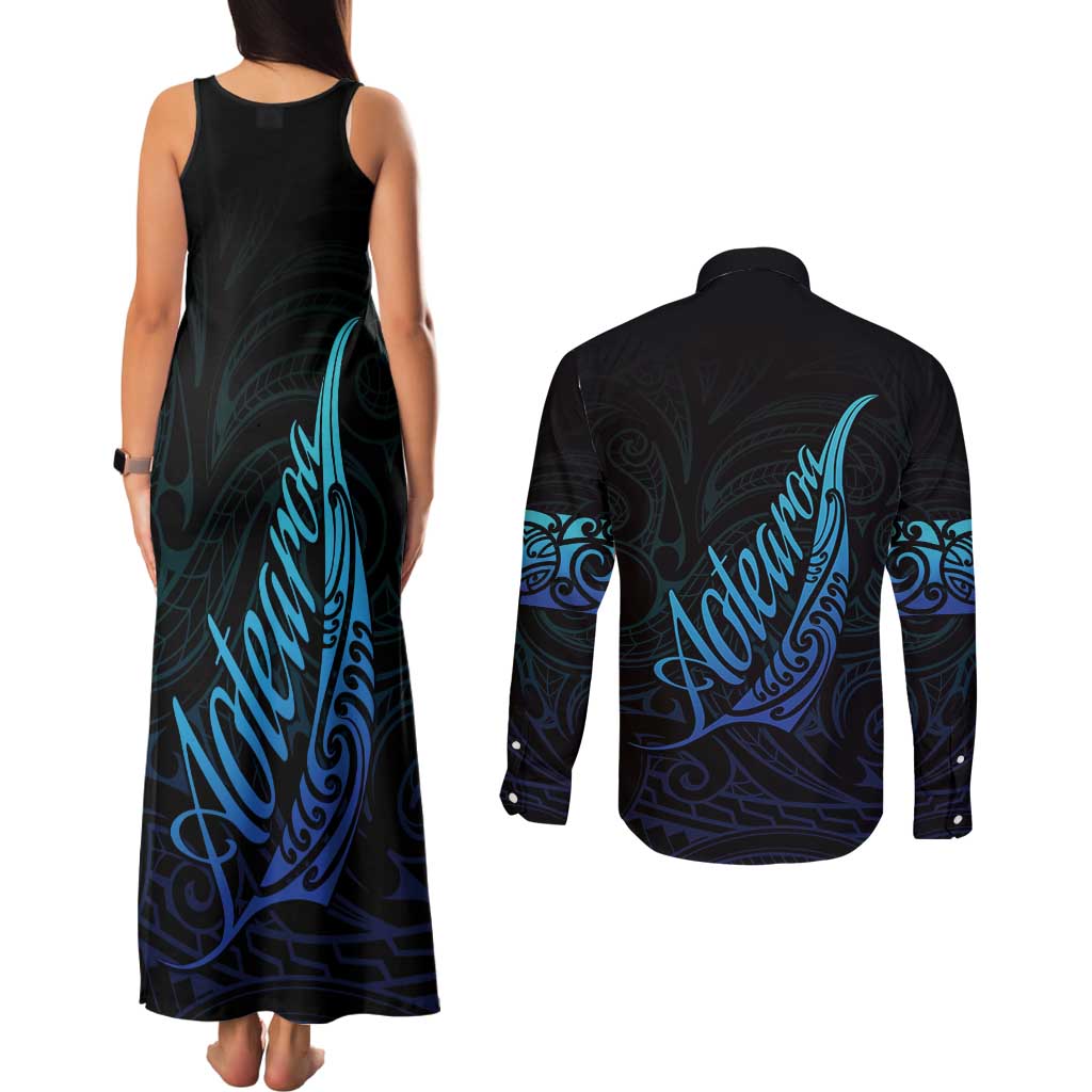 Aotearoa New Zealand Couples Matching Tank Maxi Dress and Long Sleeve Button Shirt Koru Fern Blue Gradient
