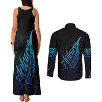 Aotearoa New Zealand Couples Matching Tank Maxi Dress and Long Sleeve Button Shirt Koru Fern Blue Gradient