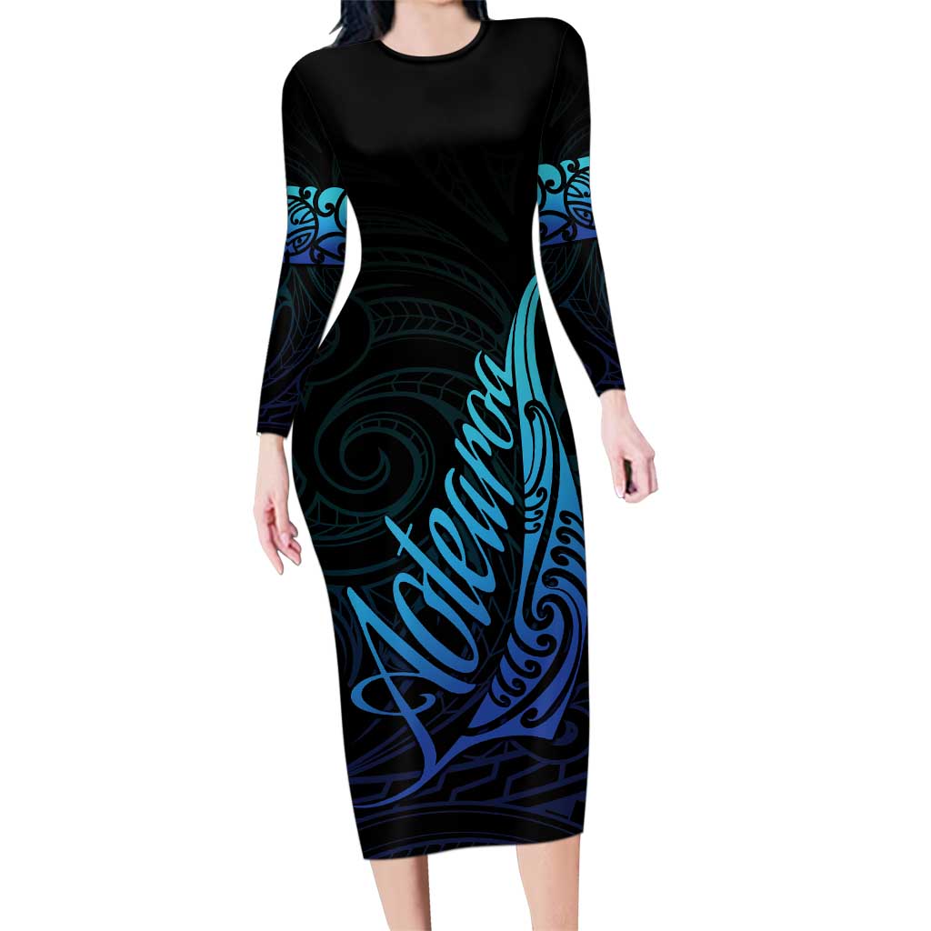 Aotearoa New Zealand Family Matching Long Sleeve Bodycon Dress and Hawaiian Shirt Koru Fern Blue Gradient