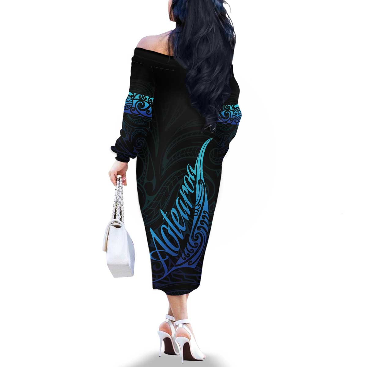 Aotearoa New Zealand Family Matching Off The Shoulder Long Sleeve Dress and Hawaiian Shirt Koru Fern Blue Gradient