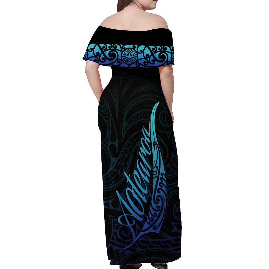 Aotearoa New Zealand Off Shoulder Maxi Dress Koru Fern Blue Gradient