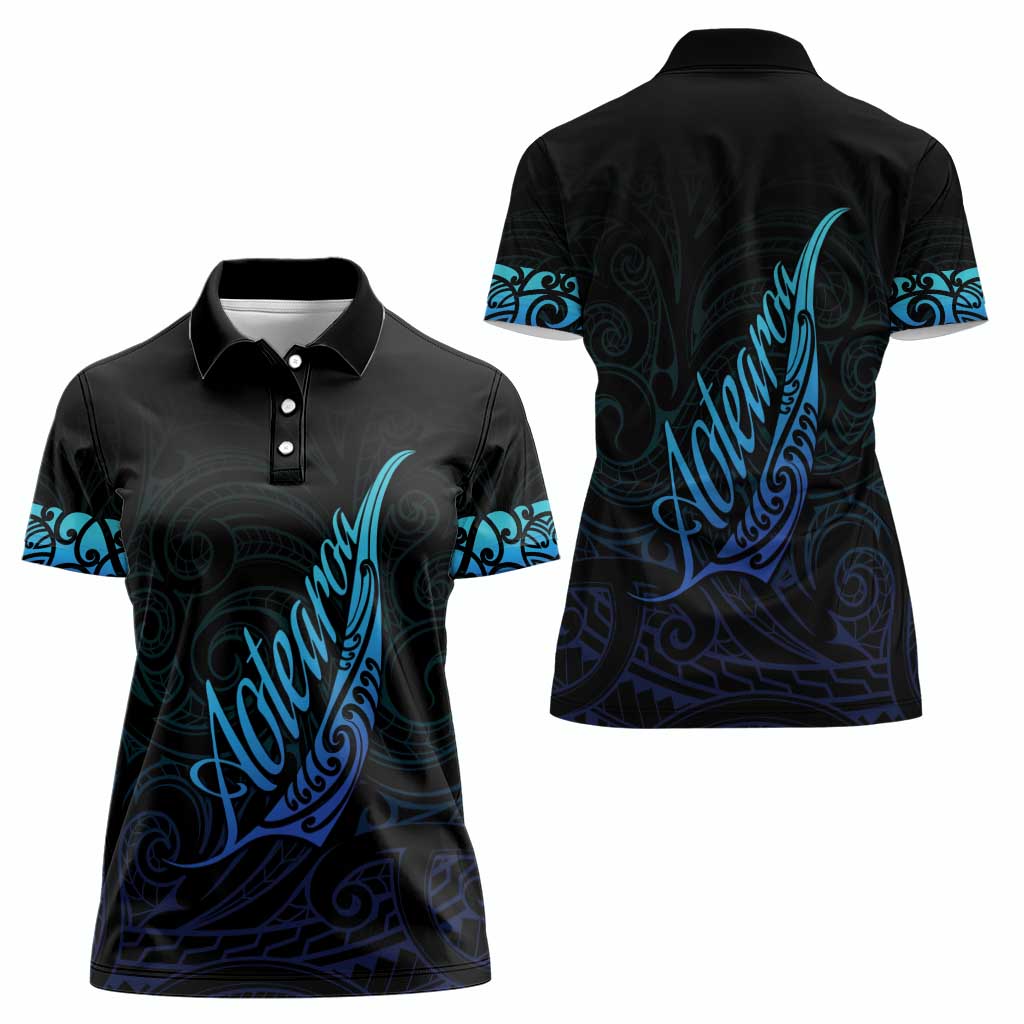 Aotearoa New Zealand Women Polo Shirt Koru Fern Blue Gradient LT05 - Polynesian Pride