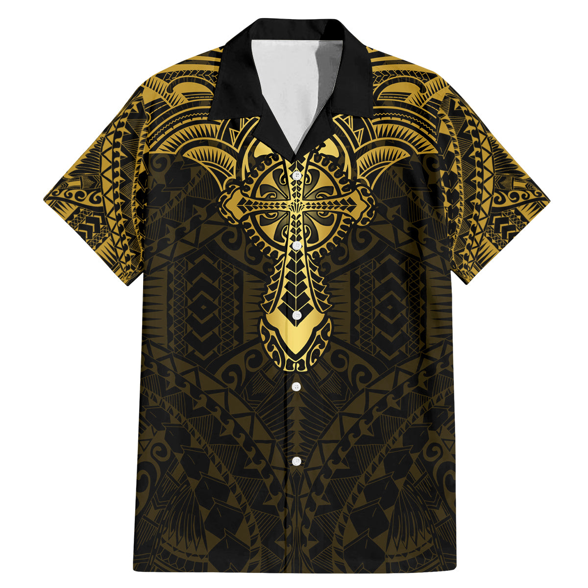 Personalized Polynesia Family Matching Mermaid Dress and Hawaiian Shirt With Christian Cross LT05 Dad's Shirt - Short Sleeve Gold - Polynesian Pride