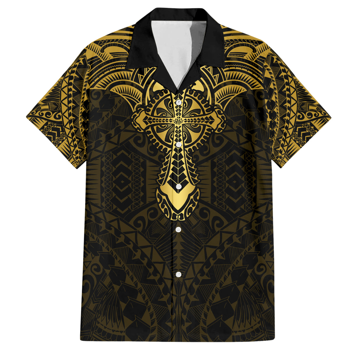 Personalized Polynesia Family Matching Short Sleeve Bodycon Dress and Hawaiian Shirt With Christian Cross LT05 Dad's Shirt - Short Sleeve Gold - Polynesian Pride