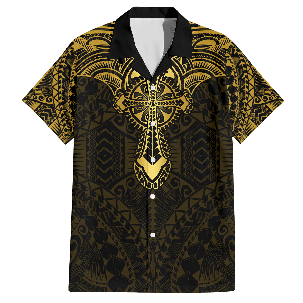 Personalized Polynesia Family Matching Tank Maxi Dress and Hawaiian Shirt With Christian Cross LT05 Dad's Shirt - Short Sleeve Gold - Polynesian Pride