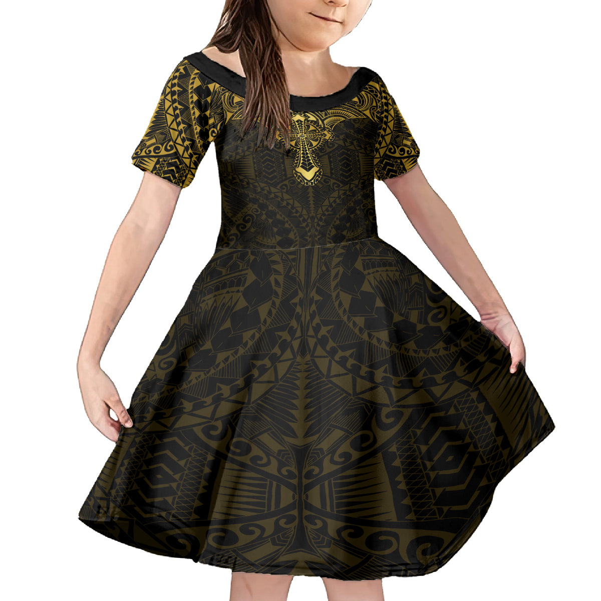 Personalized Polynesia Kid Short Sleeve Dress With Christian Cross LT05 KID Gold - Polynesian Pride
