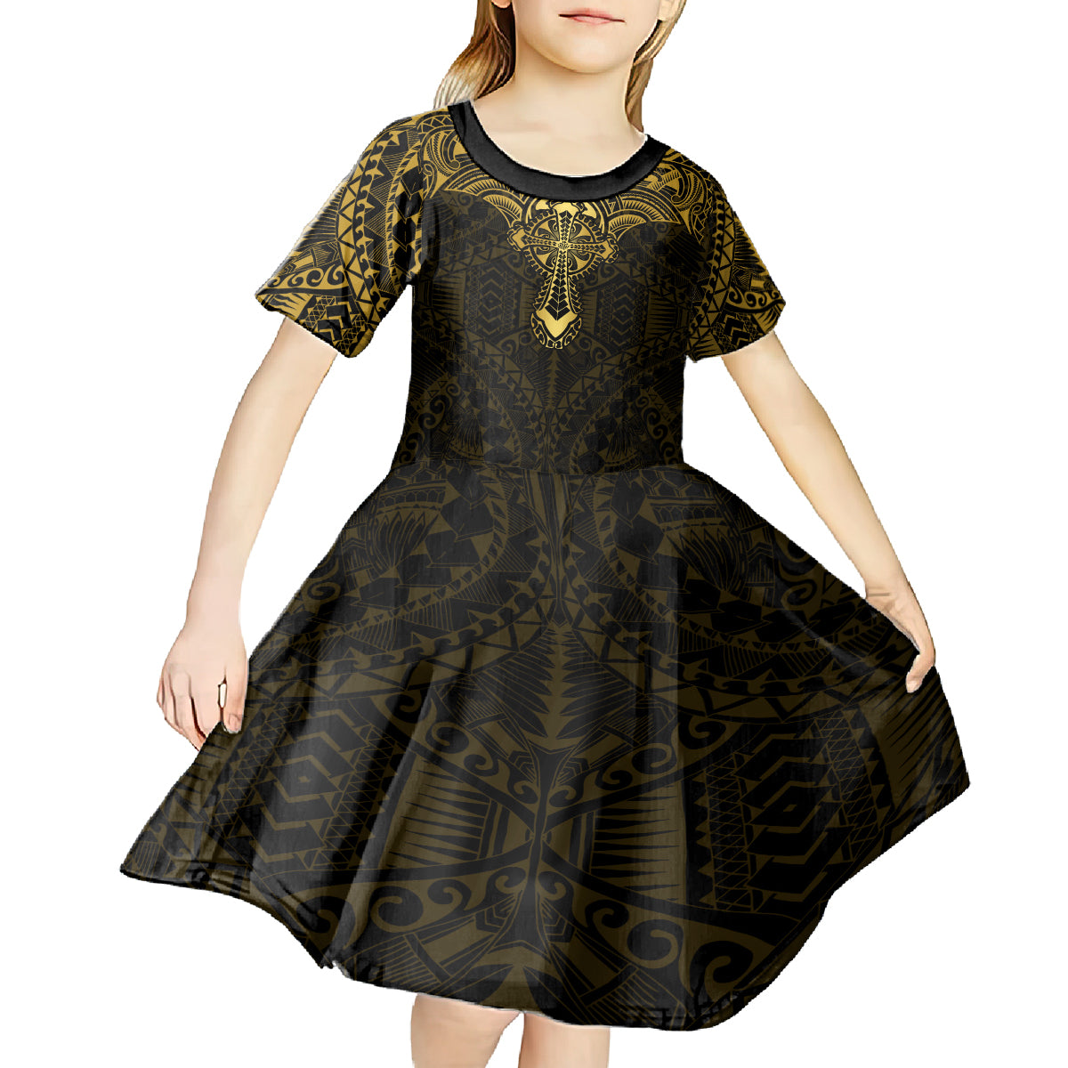 Personalized Polynesia Kid Short Sleeve Dress With Christian Cross LT05 - Polynesian Pride