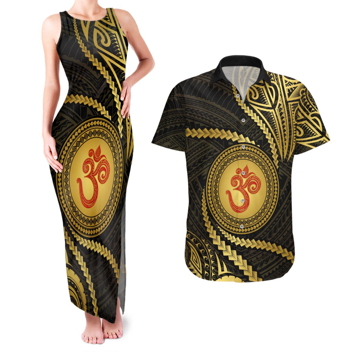 Polynesia Couples Matching Tank Maxi Dress and Hawaiian Shirt With Hindu Om Symbol LT05 Gold - Polynesian Pride