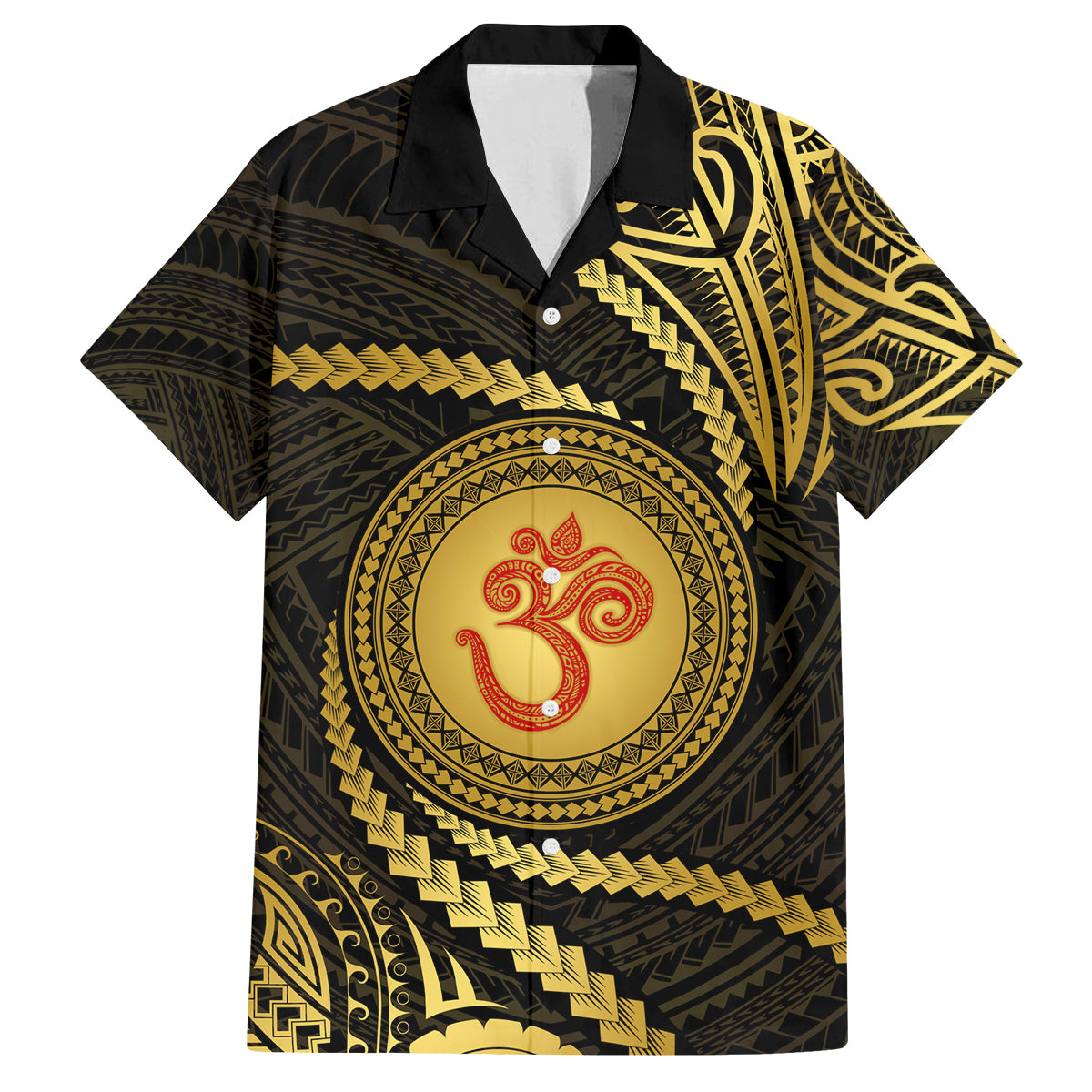 Polynesia Family Matching Puletasi Dress and Hawaiian Shirt With Hindu Om Symbol LT05 Dad's Shirt - Short Sleeve Gold - Polynesian Pride
