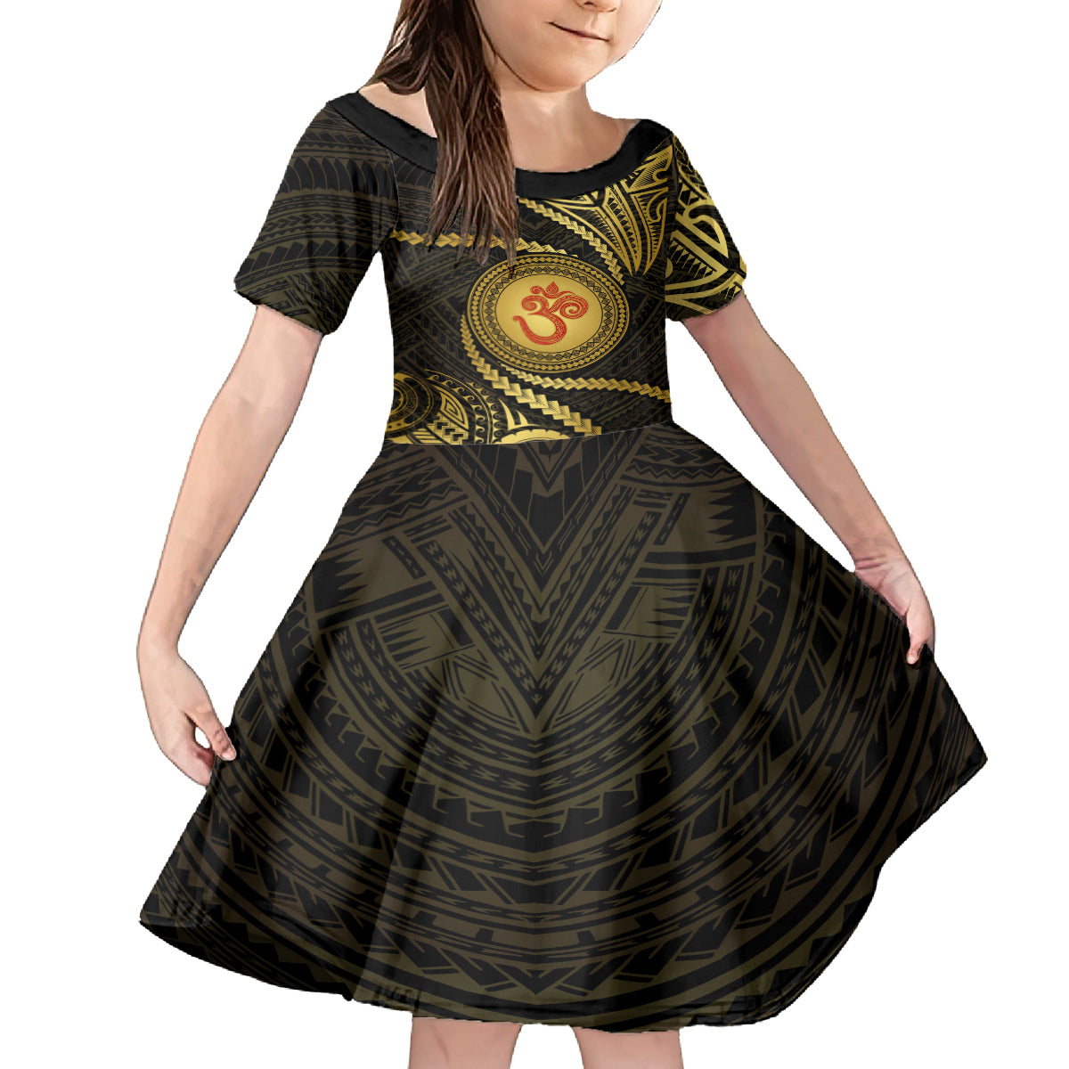 Polynesia Kid Short Sleeve Dress With Hindu Om Symbol LT05 KID Gold - Polynesian Pride