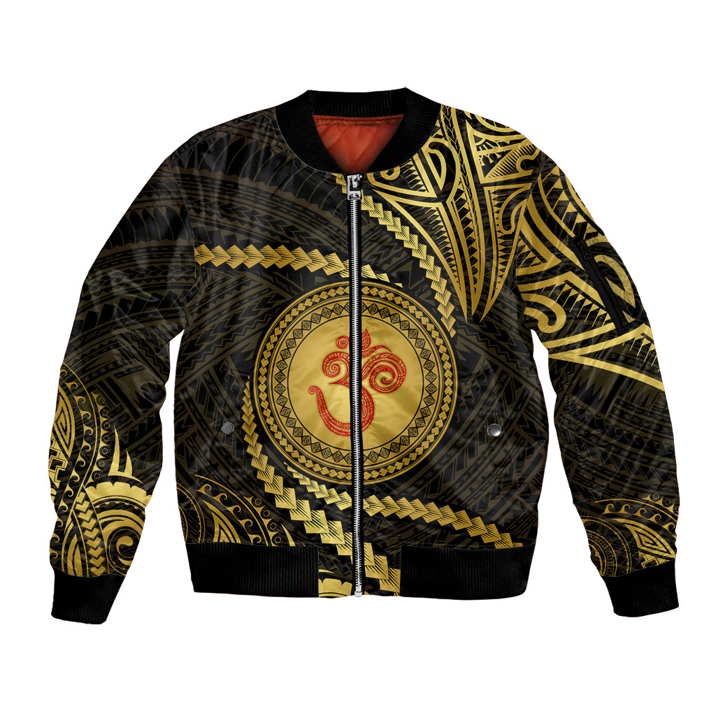 Polynesia Sleeve Zip Bomber Jacket With Hindu Om Symbol LT05 Unisex Gold - Polynesian Pride