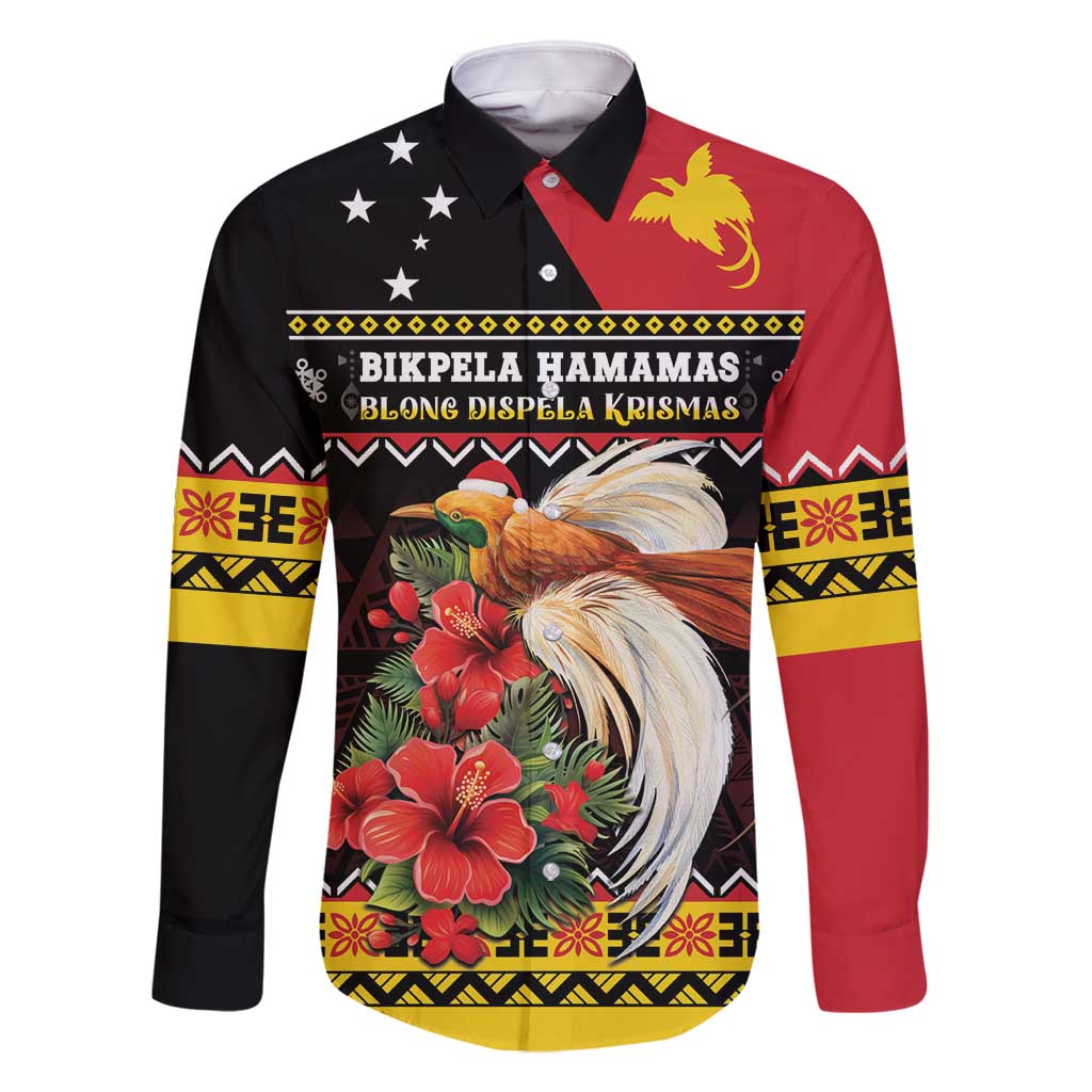 Papua New Guinea Christmas Family Matching Mermaid Dress and Hawaiian Shirt Bird Of Paradise Hamamas Krismas LT05 Dad's Shirt - Long Sleeve Black - Polynesian Pride