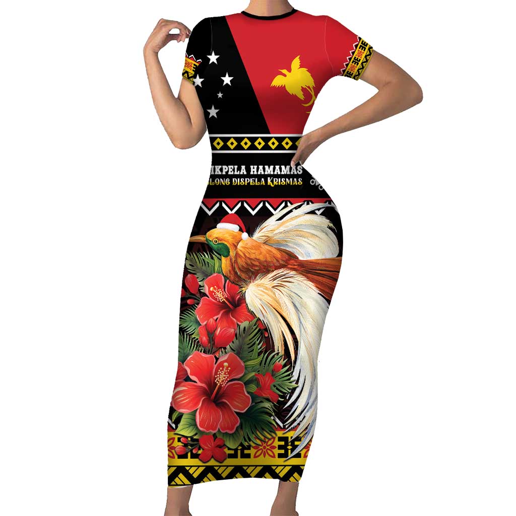 Papua New Guinea Christmas Short Sleeve Bodycon Dress Bird Of Paradise Hamamas Krismas LT05 Long Dress Black - Polynesian Pride