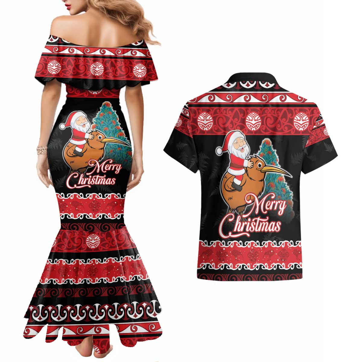 New Zealand Christmas Couples Matching Mermaid Dress and Hawaiian Shirt Funny Santa Riding Kiwi Meri Kirihimete