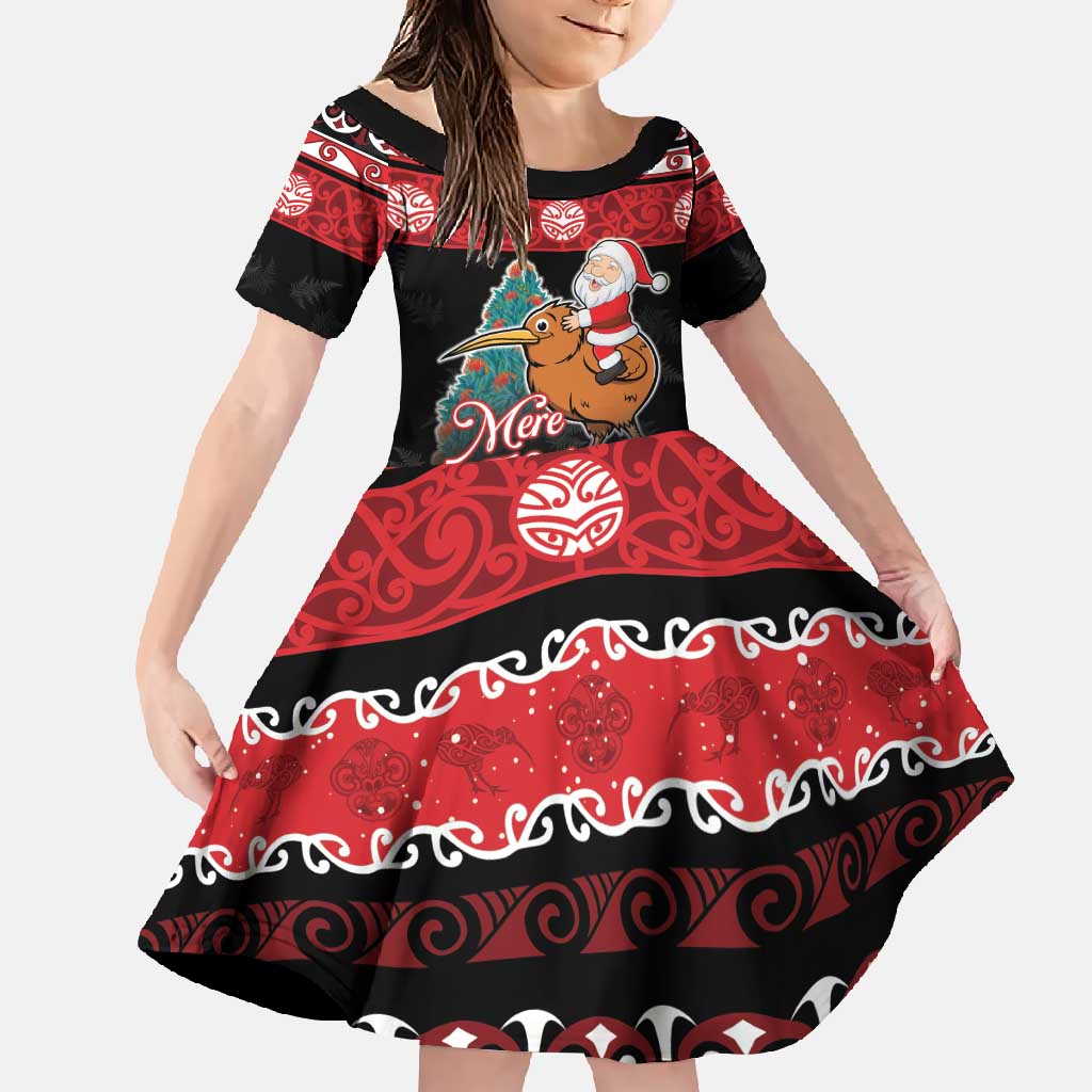 New Zealand Christmas Family Matching Long Sleeve Bodycon Dress and Hawaiian Shirt Funny Santa Riding Kiwi Meri Kirihimete LT05 Daughter's Dress Black - Polynesian Pride