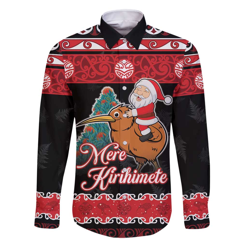 New Zealand Christmas Family Matching Mermaid Dress and Hawaiian Shirt Funny Santa Riding Kiwi Meri Kirihimete LT05 Dad's Shirt - Long Sleeve Black - Polynesian Pride
