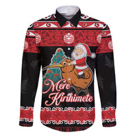 New Zealand Christmas Family Matching Mermaid Dress and Hawaiian Shirt Funny Santa Riding Kiwi Meri Kirihimete LT05 Dad's Shirt - Long Sleeve Black - Polynesian Pride