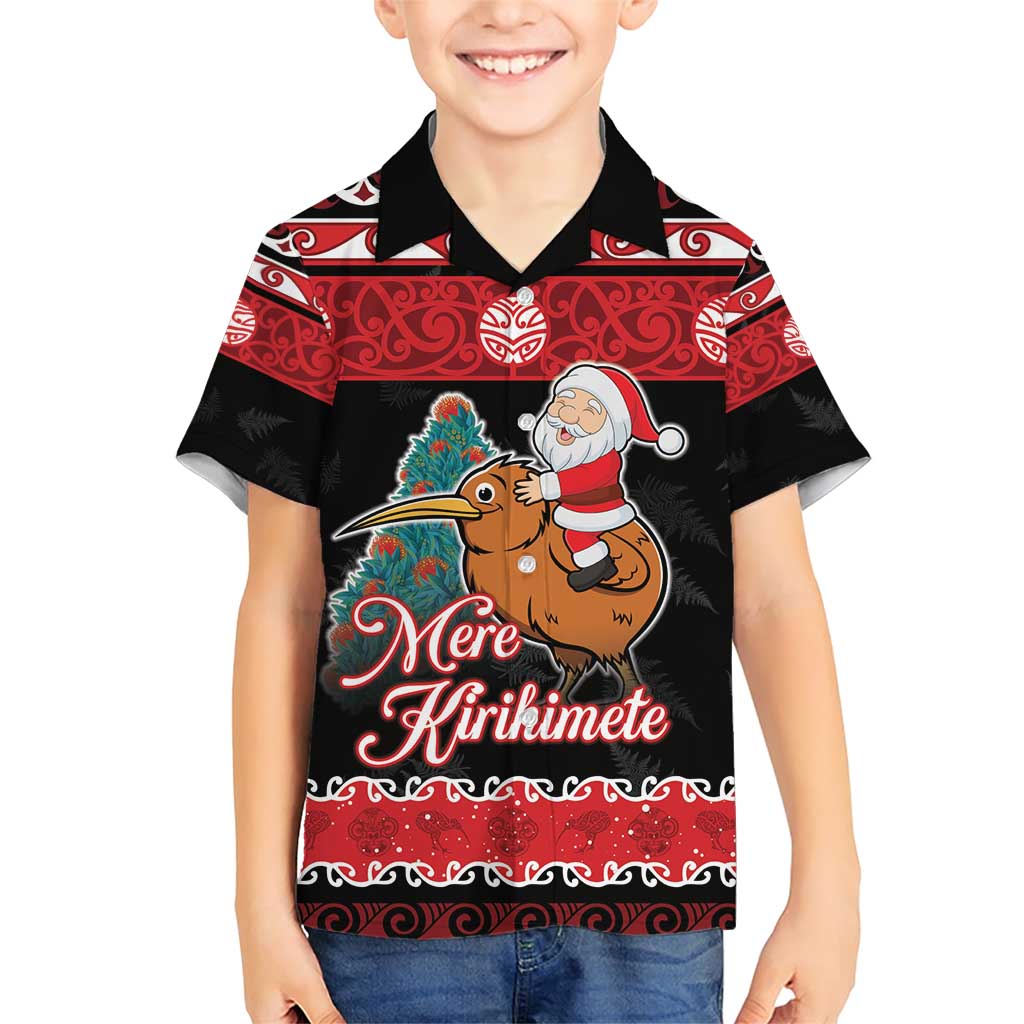 New Zealand Christmas Family Matching Short Sleeve Bodycon Dress and Hawaiian Shirt Funny Santa Riding Kiwi Meri Kirihimete LT05 Son's Shirt Black - Polynesian Pride