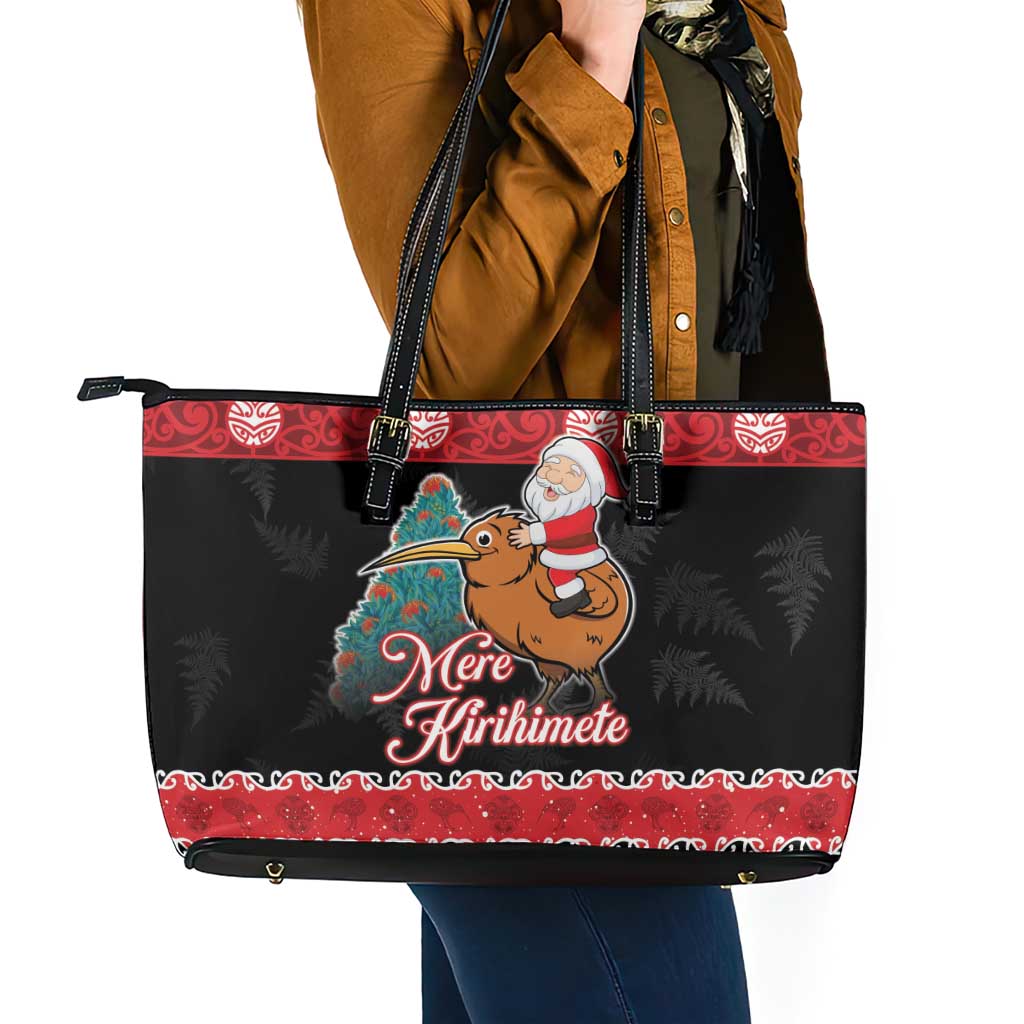 New Zealand Christmas Leather Tote Bag Funny Santa Riding Kiwi Meri Kirihimete