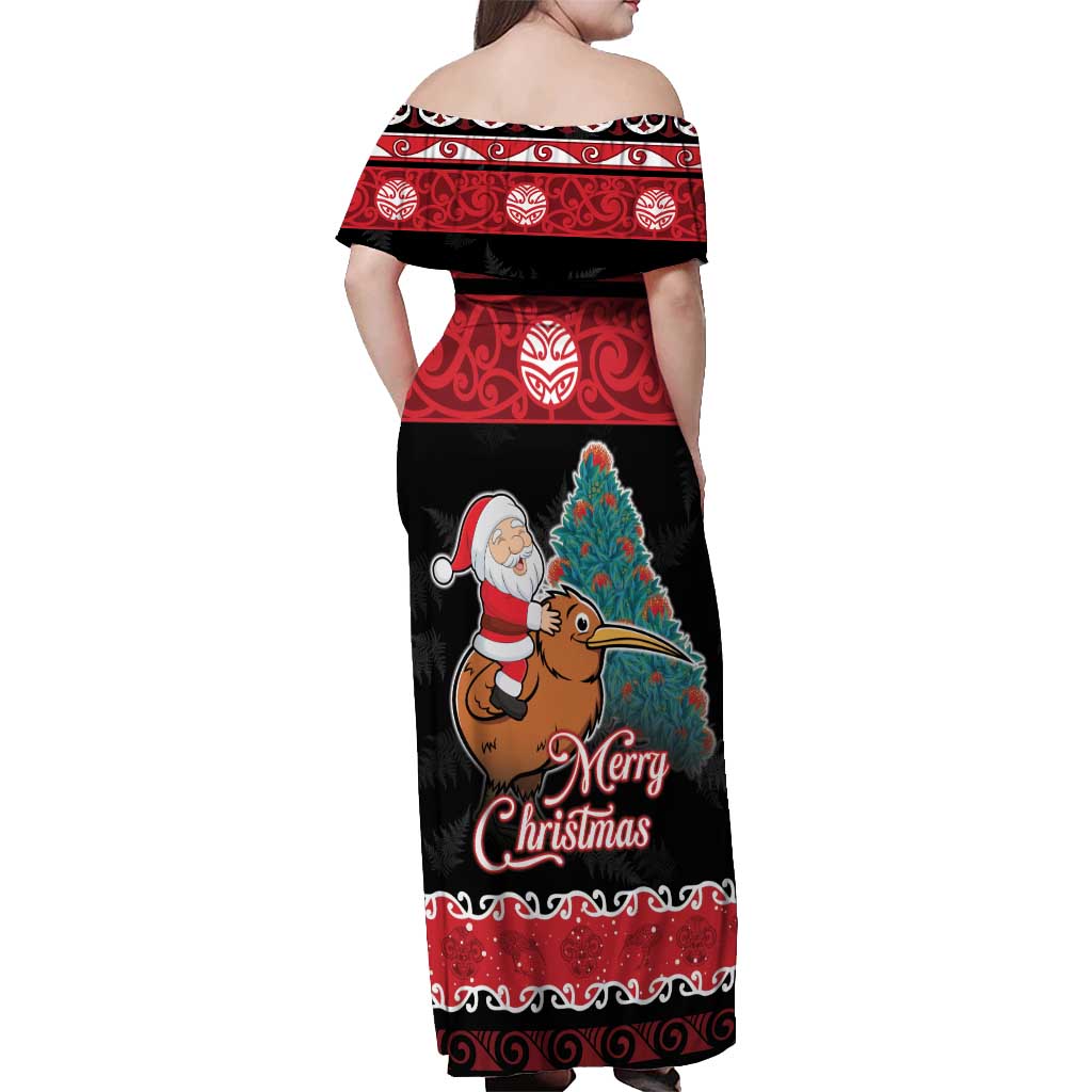 New Zealand Christmas Off Shoulder Maxi Dress Funny Santa Riding Kiwi Meri Kirihimete