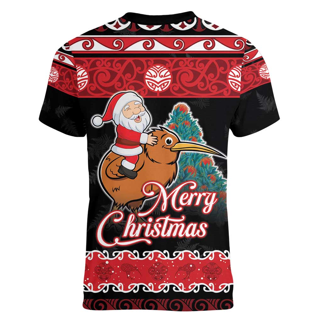 New Zealand Christmas Women V-Neck T-Shirt Funny Santa Riding Kiwi Meri Kirihimete