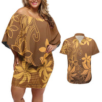 Tiare Tahiti Couples Matching Off Shoulder Short Dress and Hawaiian Shirt Brown Polynesia Motifs - Polynesian Pride