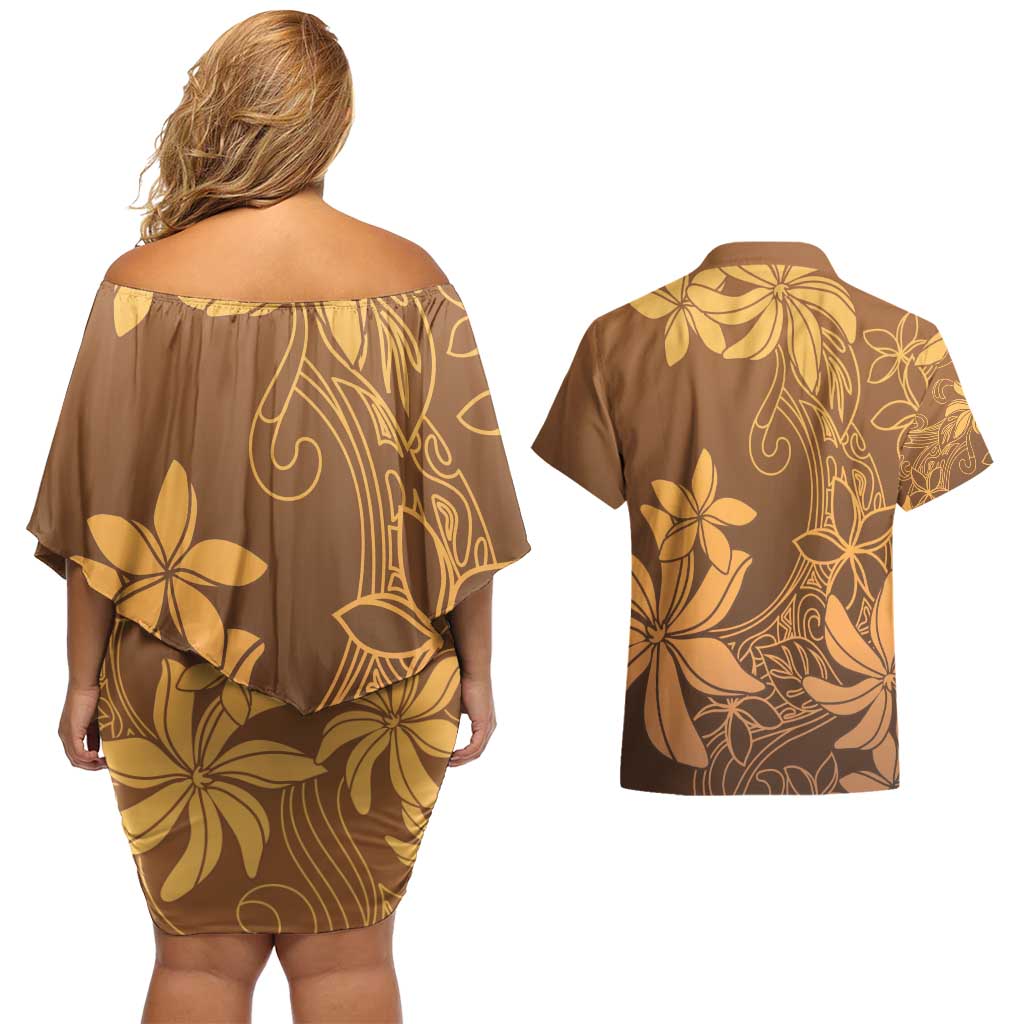 Tiare Tahiti Couples Matching Off Shoulder Short Dress and Hawaiian Shirt Brown Polynesia Motifs - Polynesian Pride