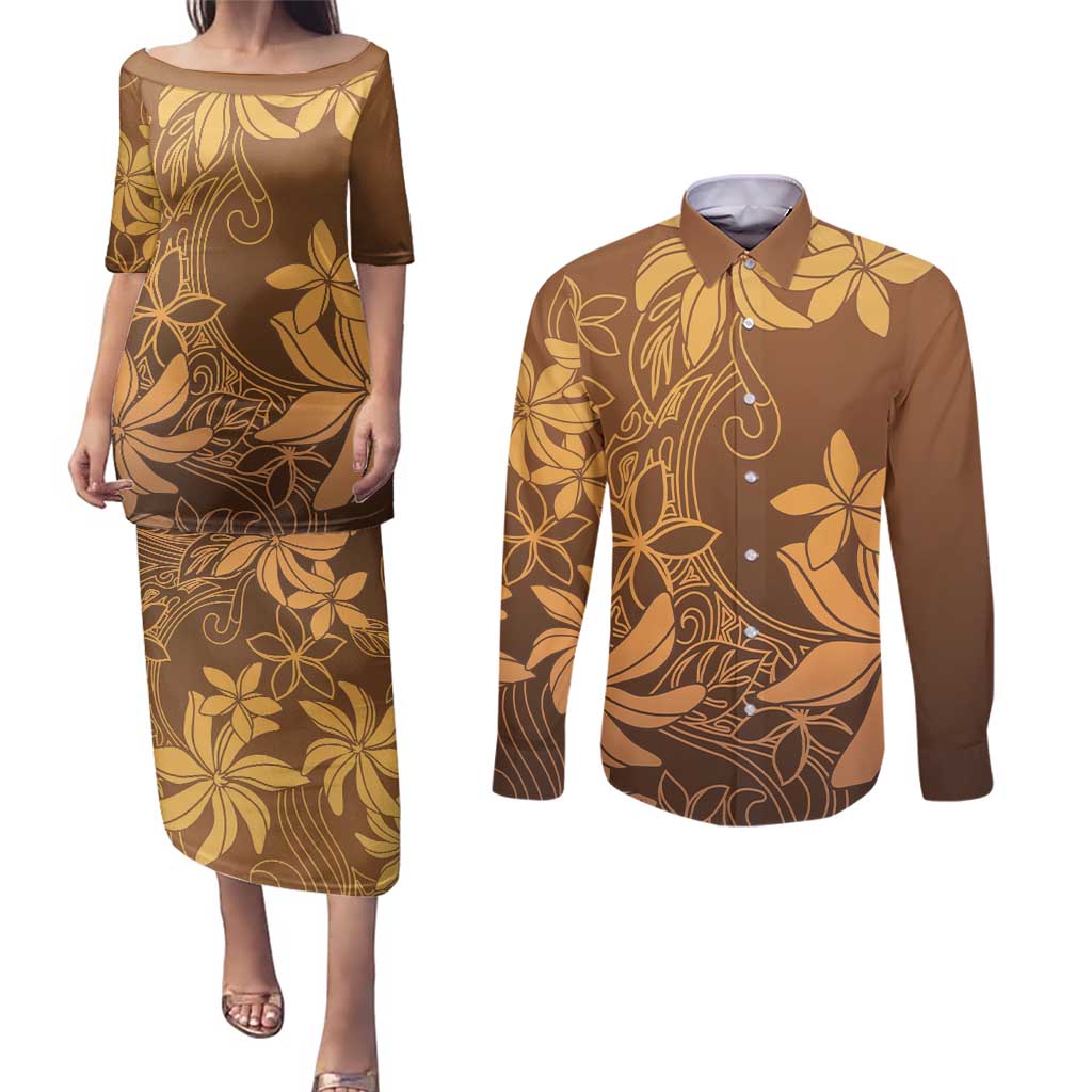 Tiare Tahiti Couples Matching Puletasi and Long Sleeve Button Shirt Brown Polynesia Motifs - Polynesian Pride