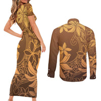 Tiare Tahiti Couples Matching Short Sleeve Bodycon Dress and Long Sleeve Button Shirt Brown Polynesia Motifs - Polynesian Pride