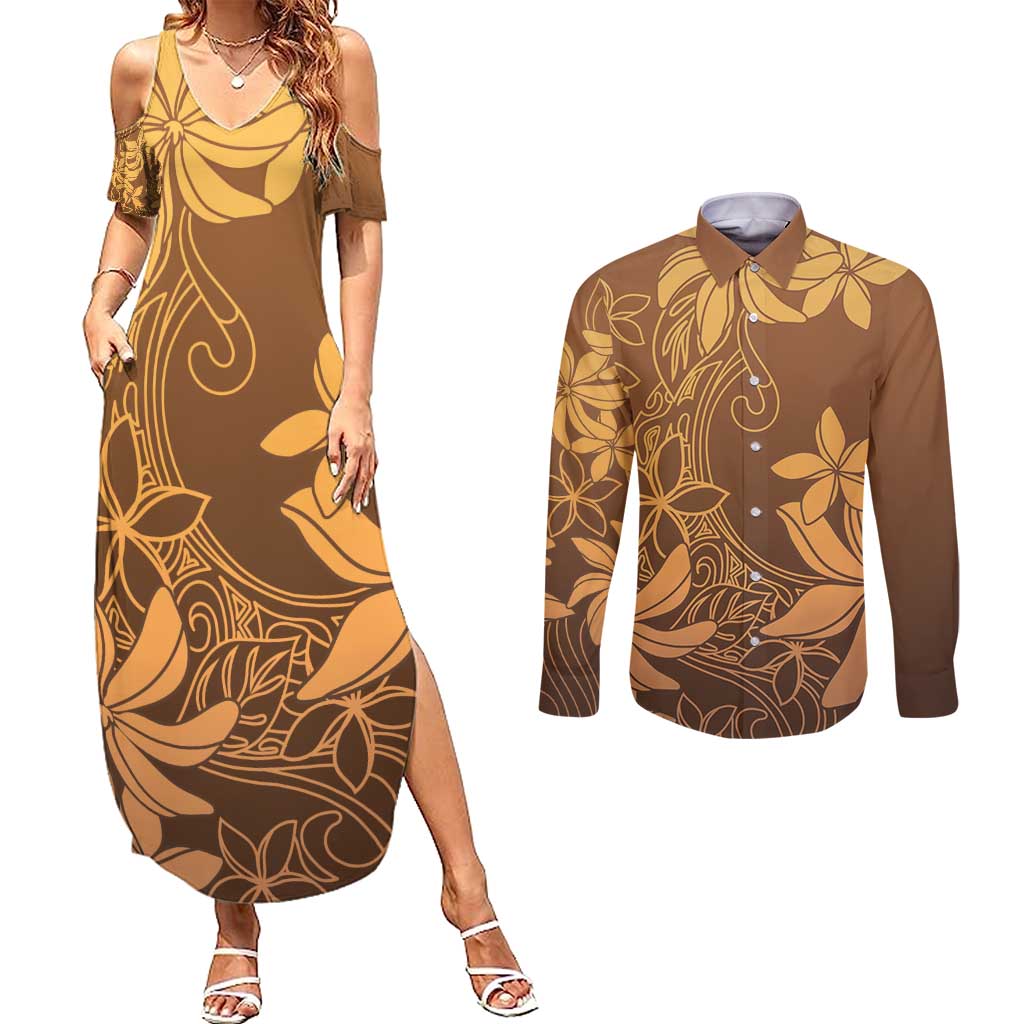 Tiare Tahiti Couples Matching Summer Maxi Dress and Long Sleeve Button Shirt Brown Polynesia Motifs - Polynesian Pride