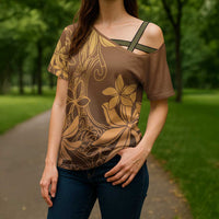 Tiare Tahiti Cross Shoulder Shirt Brown Polynesia Motifs - Polynesian Pride
