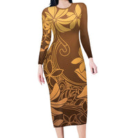 Tiare Tahiti Family Matching Long Sleeve Bodycon Dress and Hawaiian Shirt Brown Polynesia Motifs - Polynesian Pride