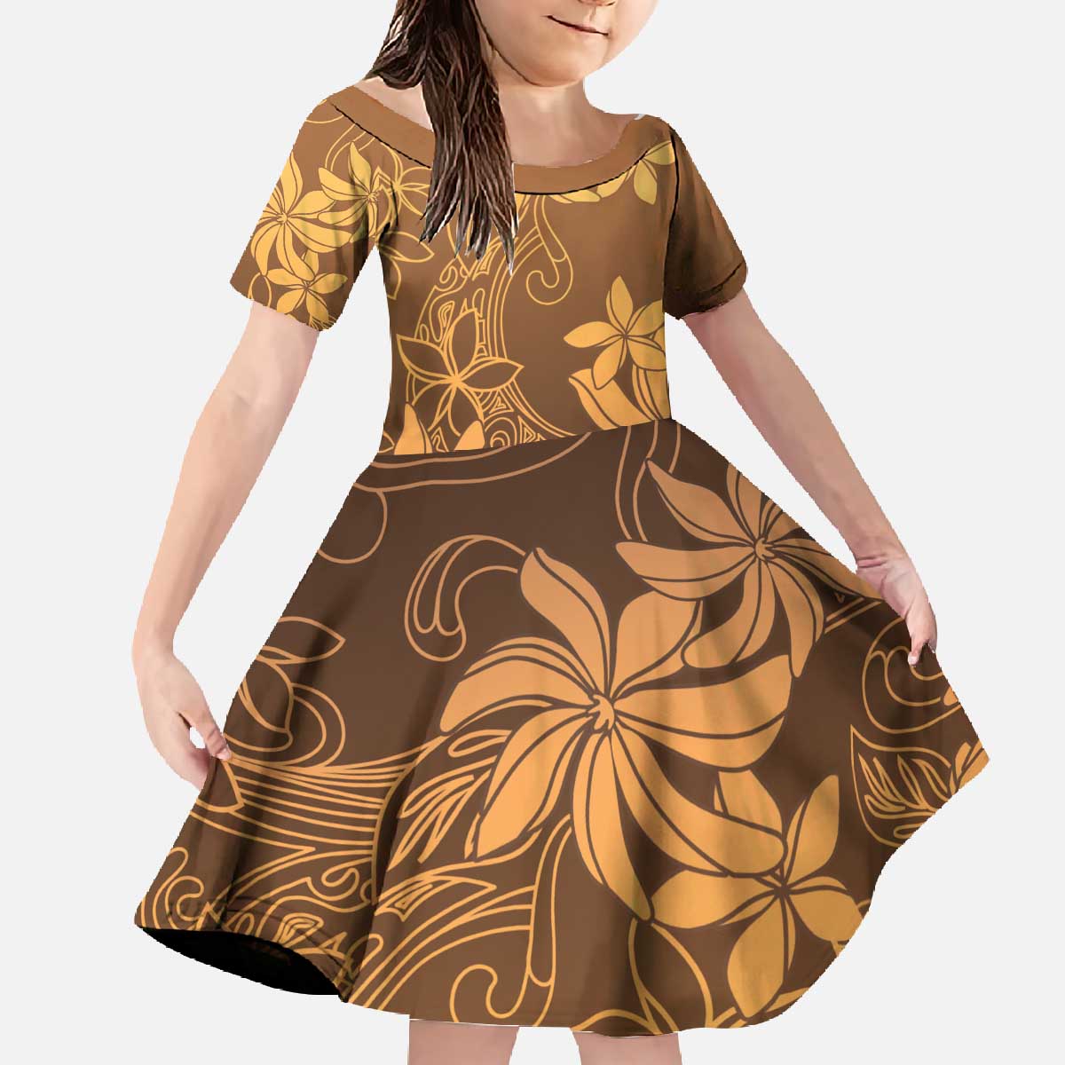 Tiare Tahiti Family Matching Off The Shoulder Long Sleeve Dress and Hawaiian Shirt Brown Polynesia Motifs - Polynesian Pride