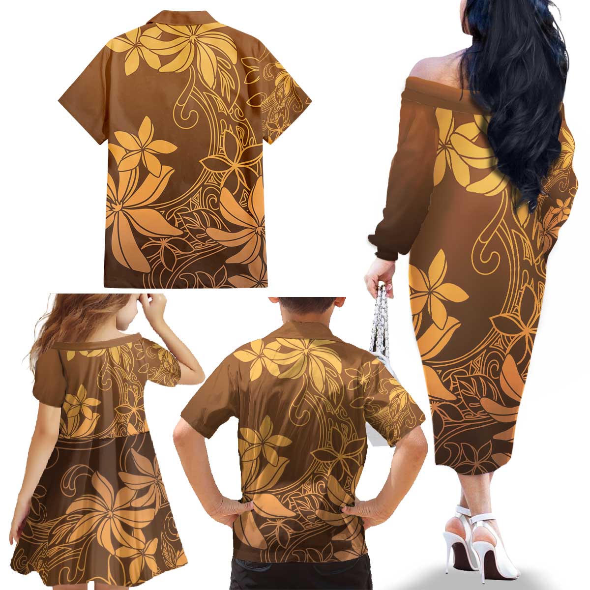 Tiare Tahiti Family Matching Off The Shoulder Long Sleeve Dress and Hawaiian Shirt Brown Polynesia Motifs - Polynesian Pride