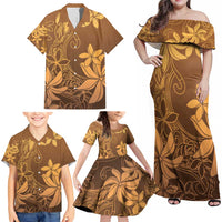 Tiare Tahiti Family Matching Off Shoulder Maxi Dress and Hawaiian Shirt Brown Polynesia Motifs - Polynesian Pride